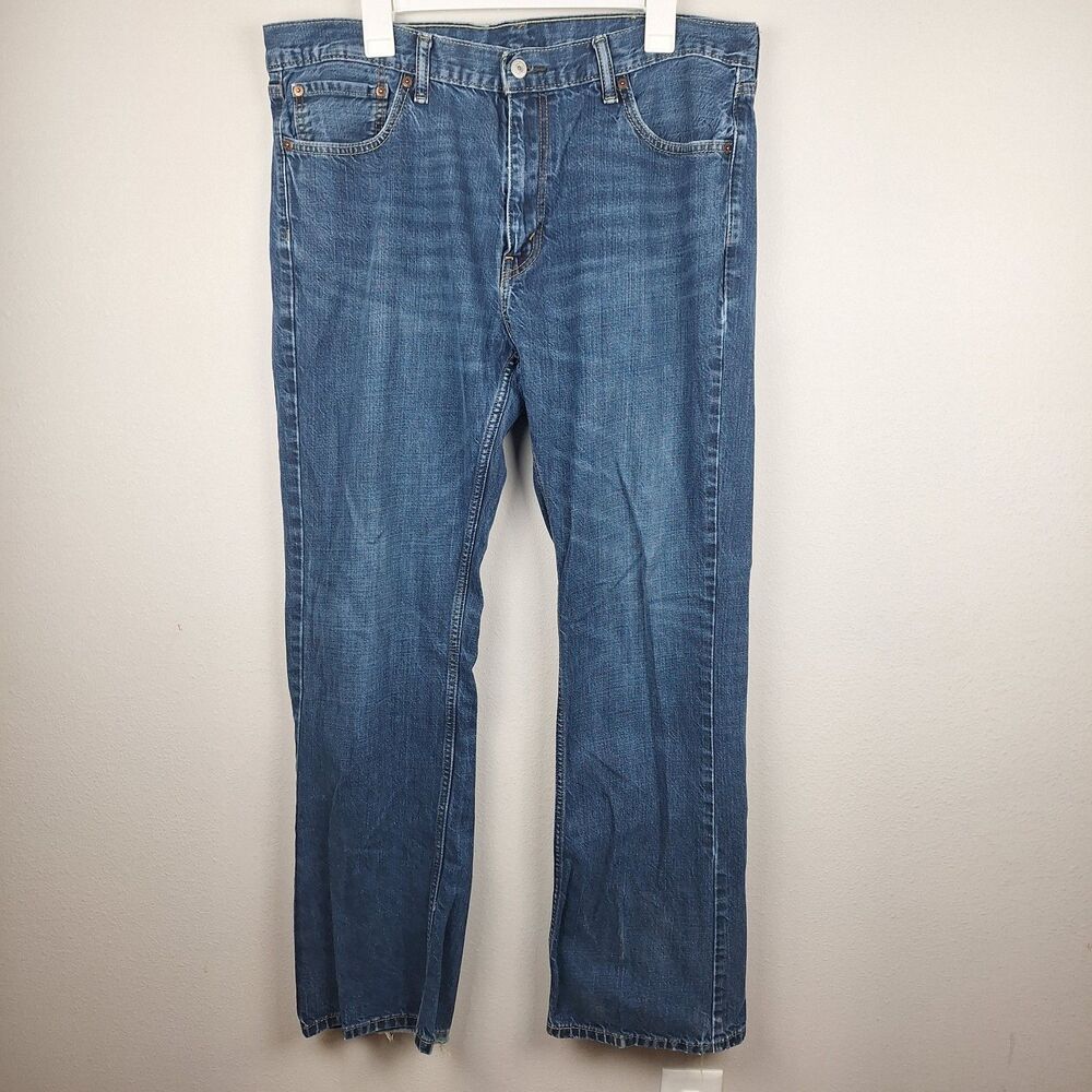 Levis 527 Slim Bootcut Jeans Mens 38x34 Blue Dark Wash Distressed Heel Blank Tag